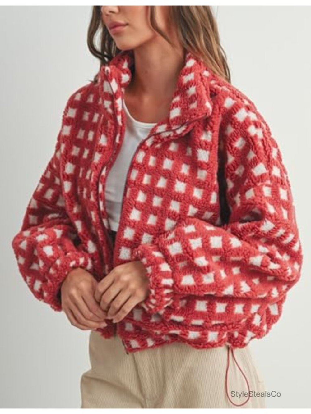 Cropped Sherpa Fleece Plaid Jacket, Zip Up Teddy Coat for Women, Fall Winter - Picture 4 of 6